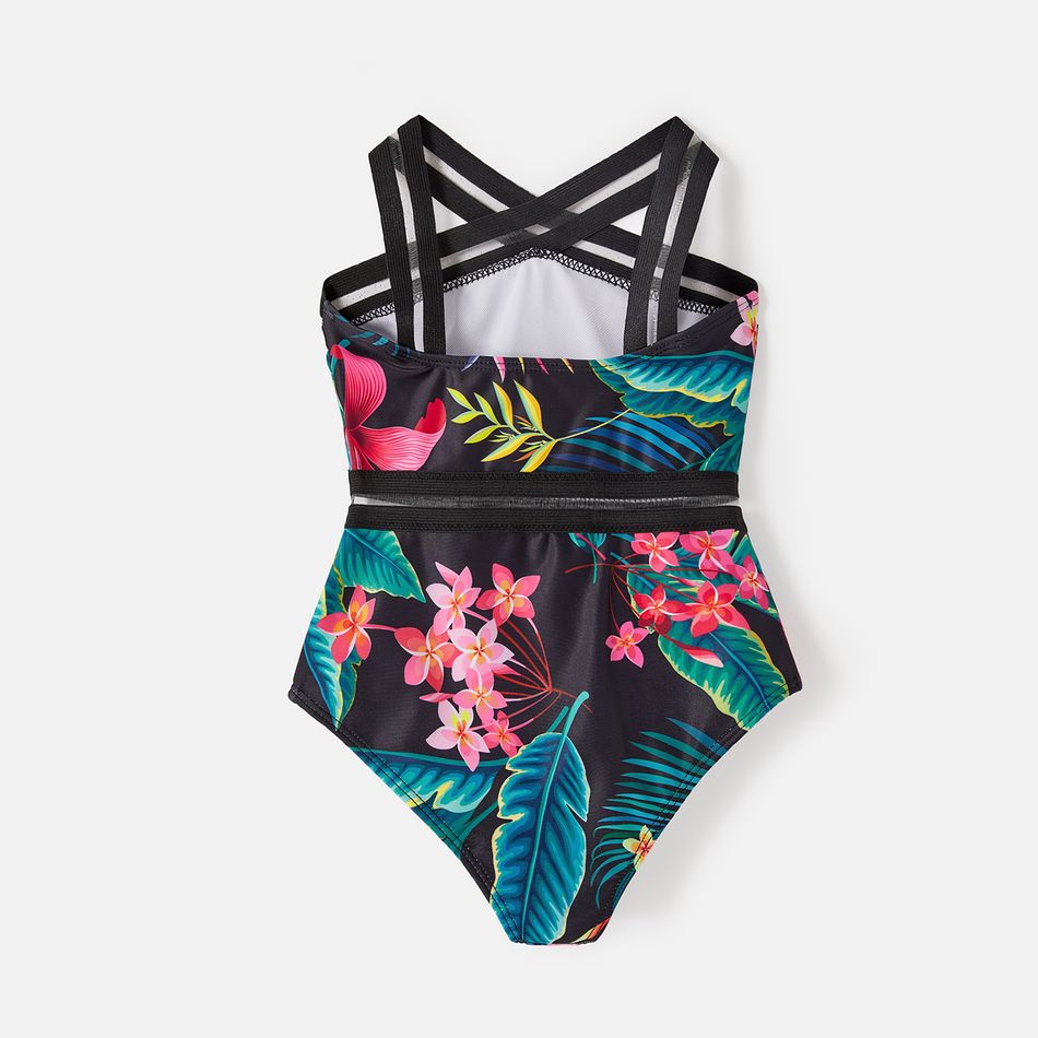 Family Matching Allover Plant Print Crisscross One-Piece Swimsuit and Swim Trunks Black big image 10