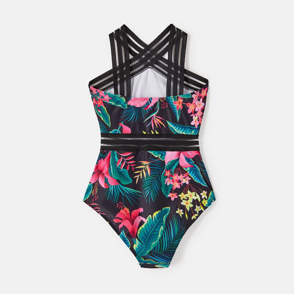 Family Matching Allover Plant Print Crisscross One-Piece Swimsuit and Swim Trunks Black big image 4