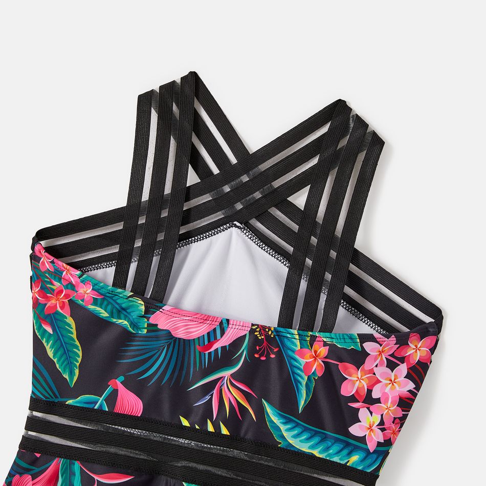 Family Matching Allover Plant Print Crisscross One-Piece Swimsuit and Swim Trunks Black big image 12
