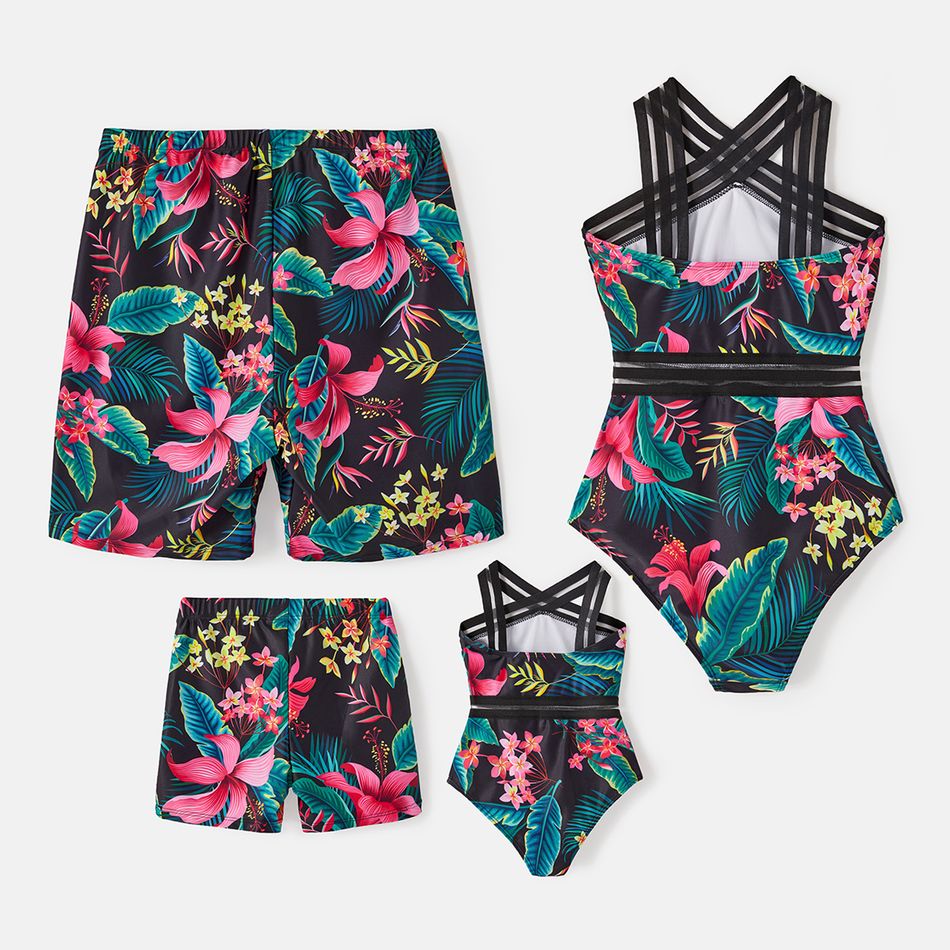 Family Matching Allover Plant Print Crisscross One-Piece Swimsuit and Swim Trunks Black big image 2