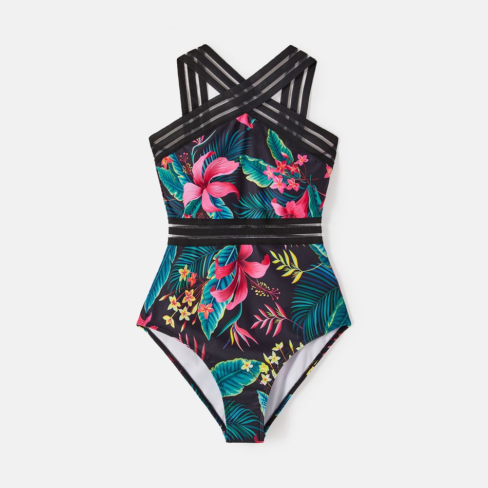 Family Matching Allover Plant Print Crisscross One-Piece Swimsuit and Swim Trunks Black big image 3