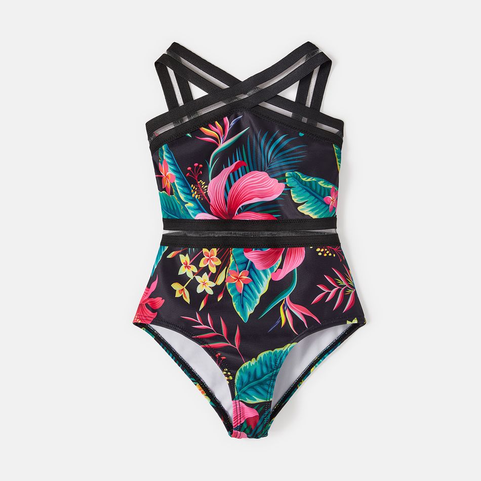 Family Matching Allover Plant Print Crisscross One-Piece Swimsuit and Swim Trunks Black big image 9