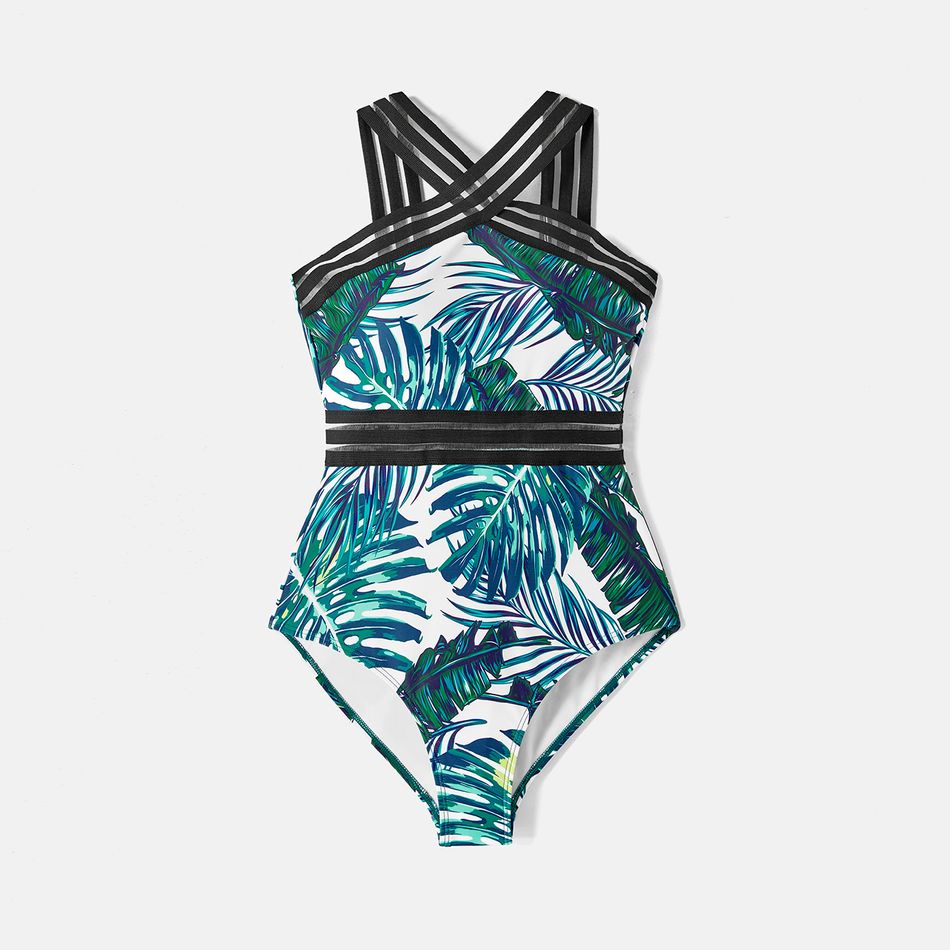 Family Matching Allover Palm Leaf Print Crisscross One-piece Swimsuit and Swim Trunks Green big image 3