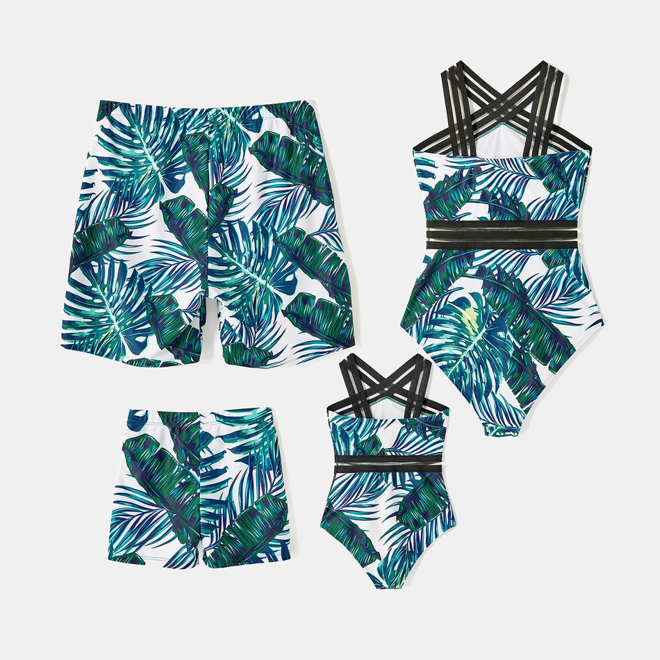 Family Matching Allover Palm Leaf Print Crisscross One-piece Swimsuit and Swim Trunks Green big image 2