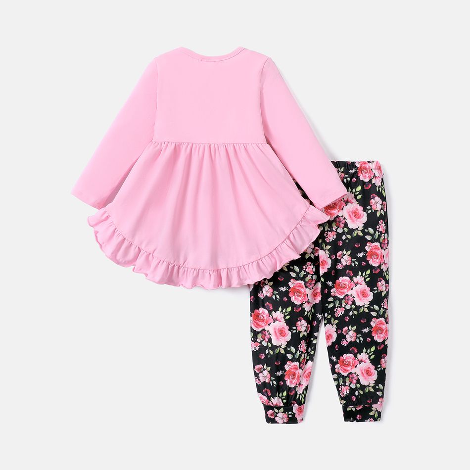 2pcs Toddler Girl Bowknot Design Ruffled High Low Tee and Floral Print Pants Set Pink big image 2
