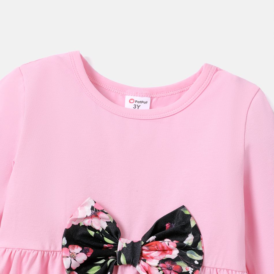 2pcs Toddler Girl Bowknot Design Ruffled High Low Tee and Floral Print Pants Set Pink big image 3