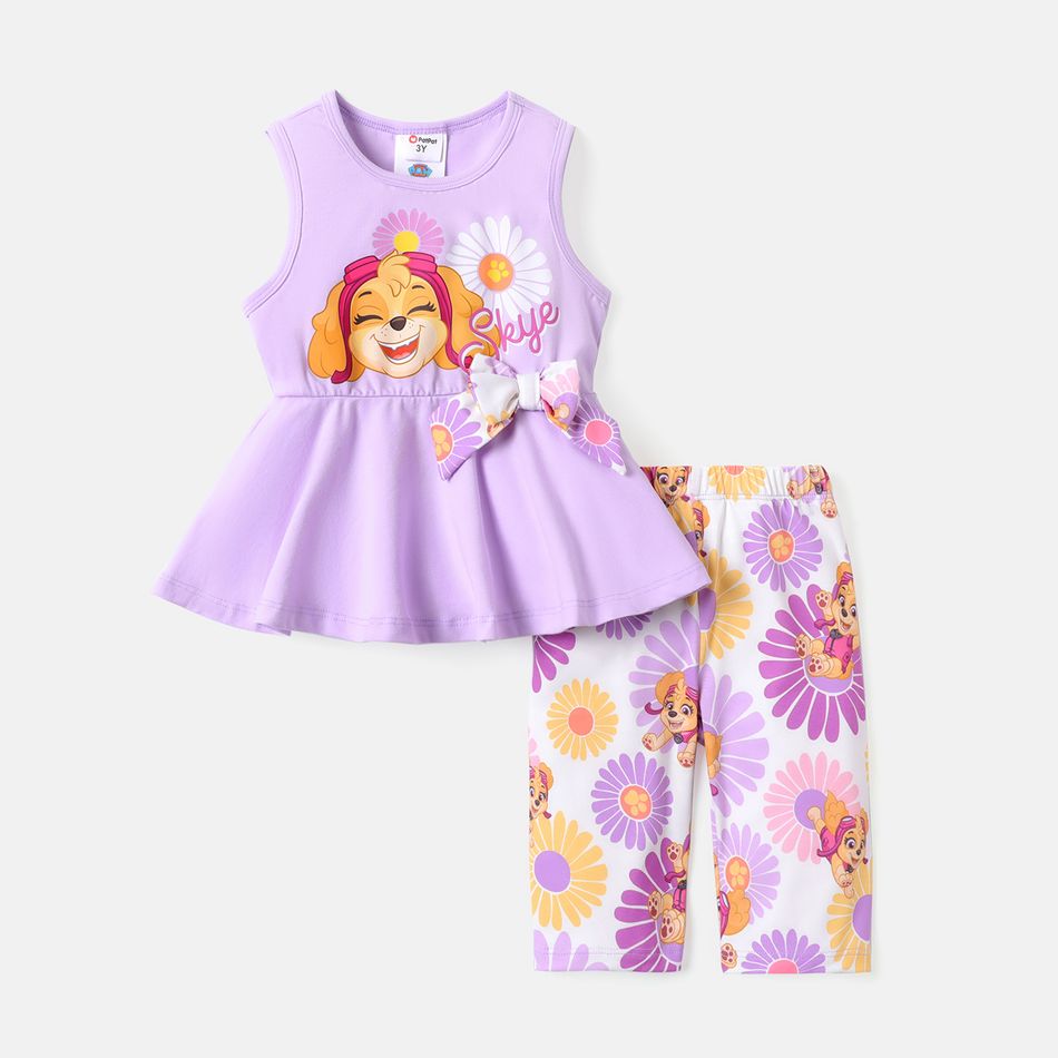 PAW Patrol 2pcs Toddler Girl Cotton Bowknot Design Sleeveless Tee and Naia Floral Print Shorts Set Purple big image 5