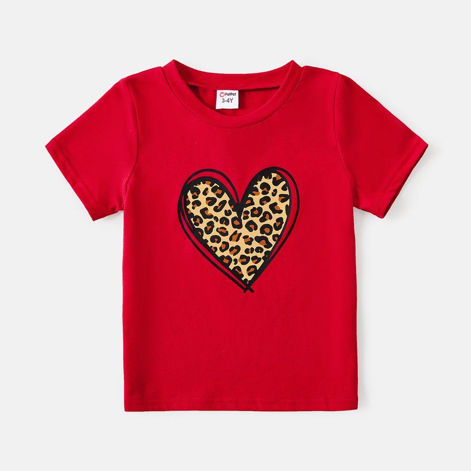 Valentine's Day Mommy and Me Cotton Short-sleeve Leopard Heart Print Red T-shirts Red big image 3