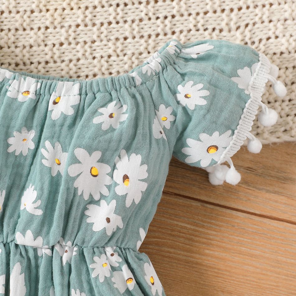 2pcs Baby Girl 100% Cotton Crepe Floral Print Off Shoulder Pom Poms Detail Short-sleeve Dress & Headband Set Turquoise big image 4