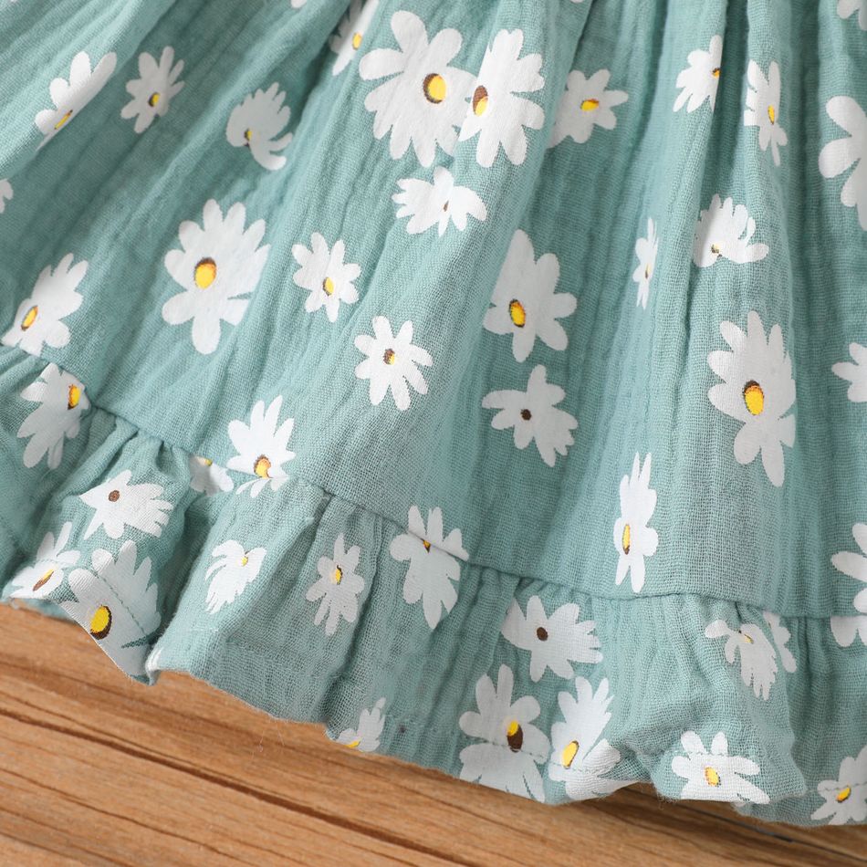 2pcs Baby Girl 100% Cotton Crepe Floral Print Off Shoulder Pom Poms Detail Short-sleeve Dress & Headband Set Turquoise big image 3