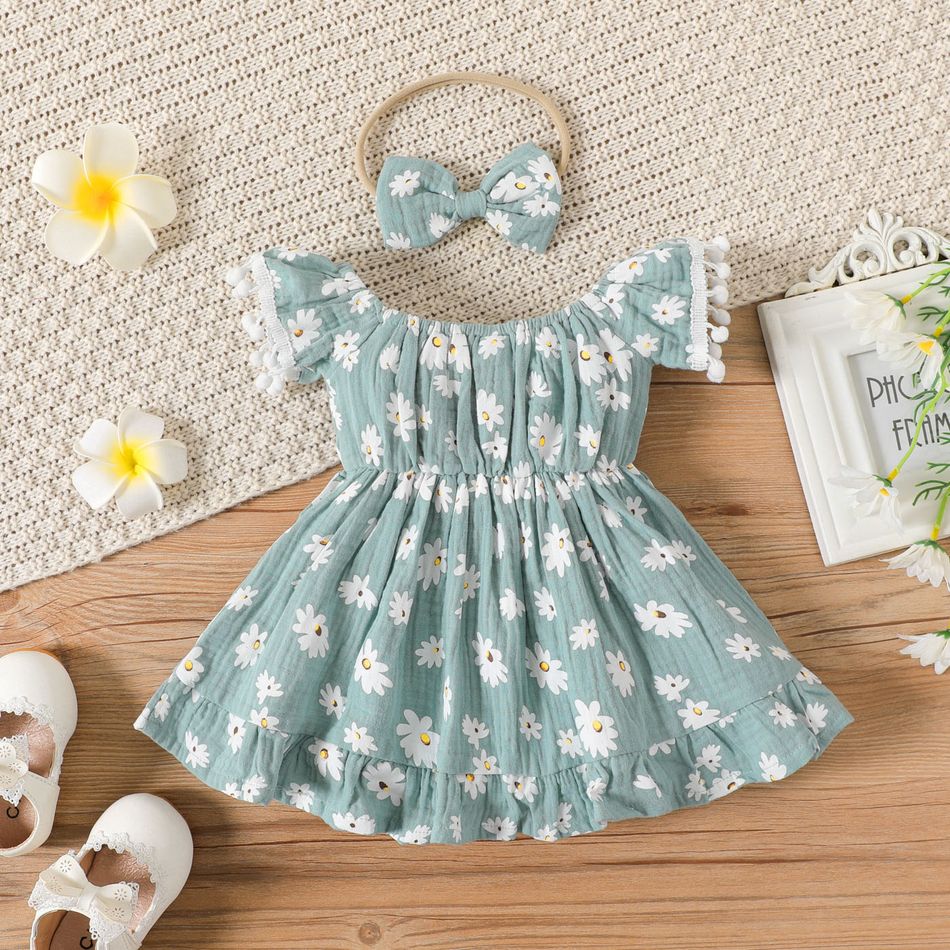 2pcs Baby Girl 100% Cotton Crepe Floral Print Off Shoulder Pom Poms Detail Short-sleeve Dress & Headband Set Turquoise big image 2