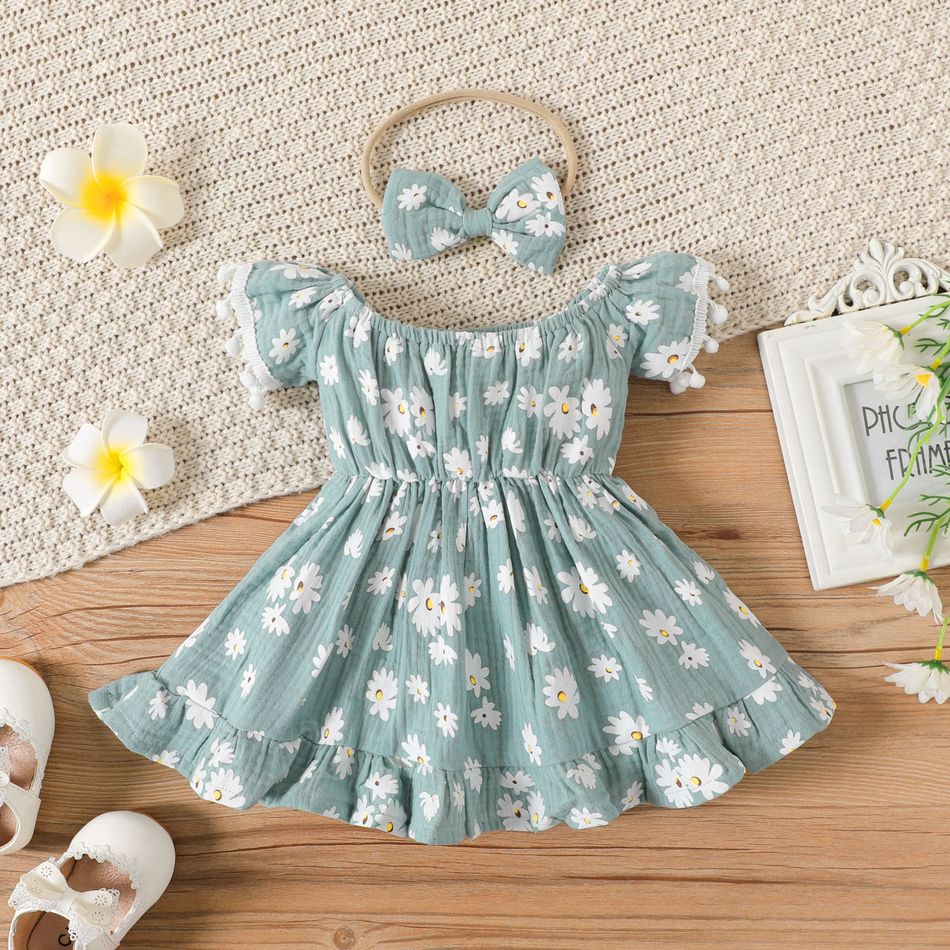 2pcs Baby Girl 100% Cotton Crepe Floral Print Off Shoulder Pom Poms Detail Short-sleeve Dress & Headband Set Turquoise