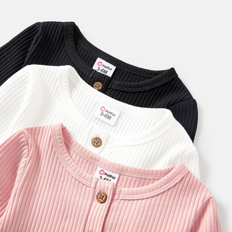 3-Pack Baby Girl/Boy Cotton Button Design Solid Color Ribbed Long-sleeve Rompers ColorBlock big image 2