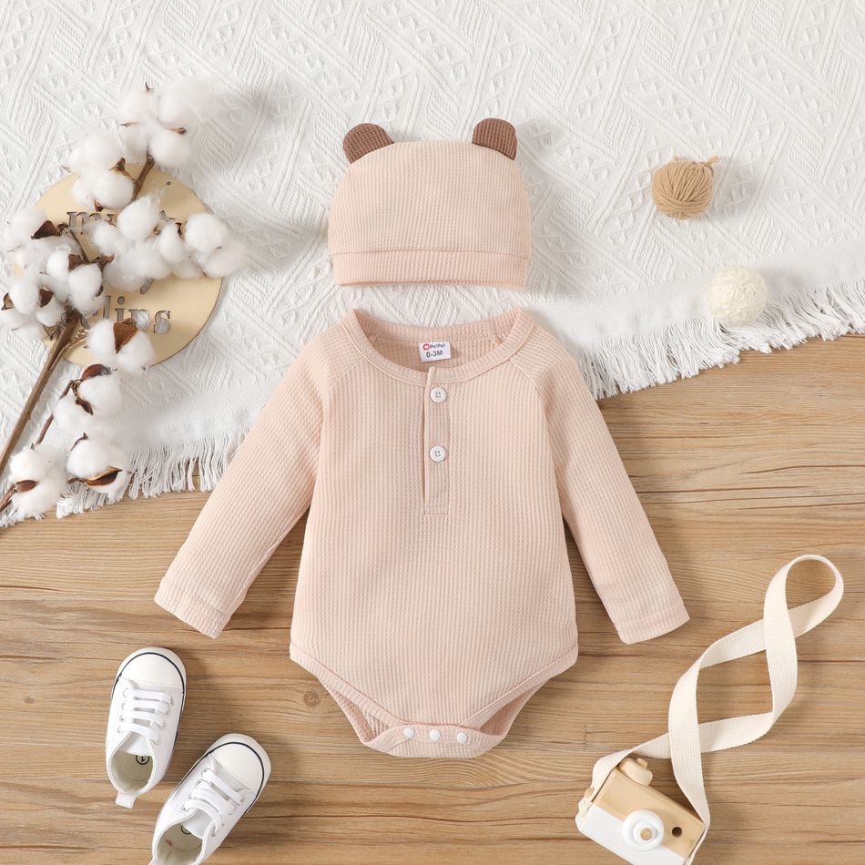 2pcs Baby Boy/Girl Solid Waffle Textured Long-sleeve Romper and 3D Ear Hat Set Almond Beige big image 1