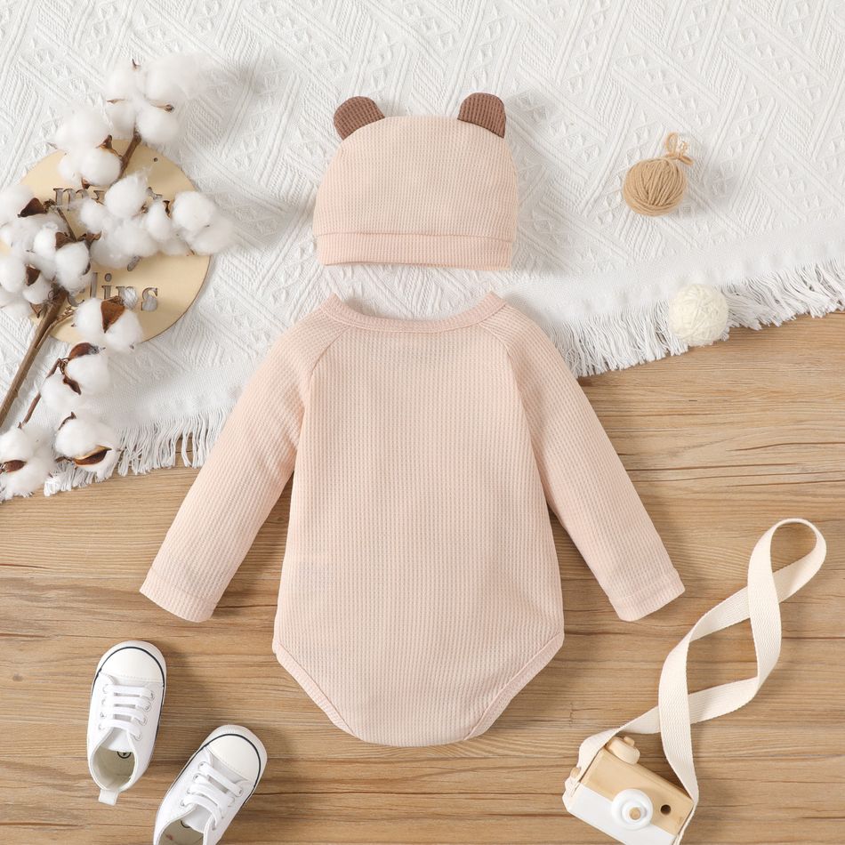 2pcs Baby Boy/Girl Solid Waffle Textured Long-sleeve Romper and 3D Ear Hat Set Almond Beige big image 2