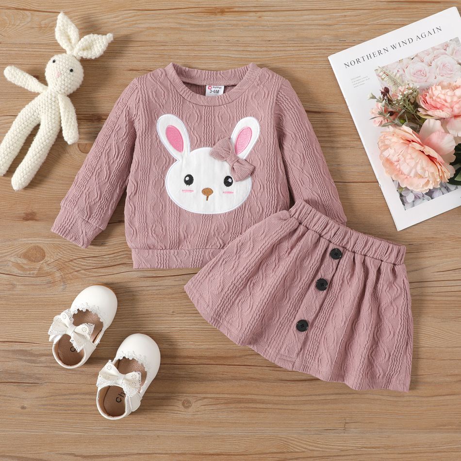 2pcs Baby Girl Rabbit Graphic Pink Cable Knit Long-sleeve Top & Skirt Set Dark Pink big image 1