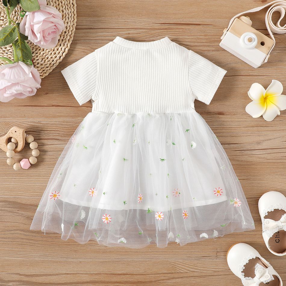 Baby Girl 95% Cotton Ribbed Short-sleeve/Long-sleeve Spliced Floral Embroidered Mesh Dress White-B big image 3