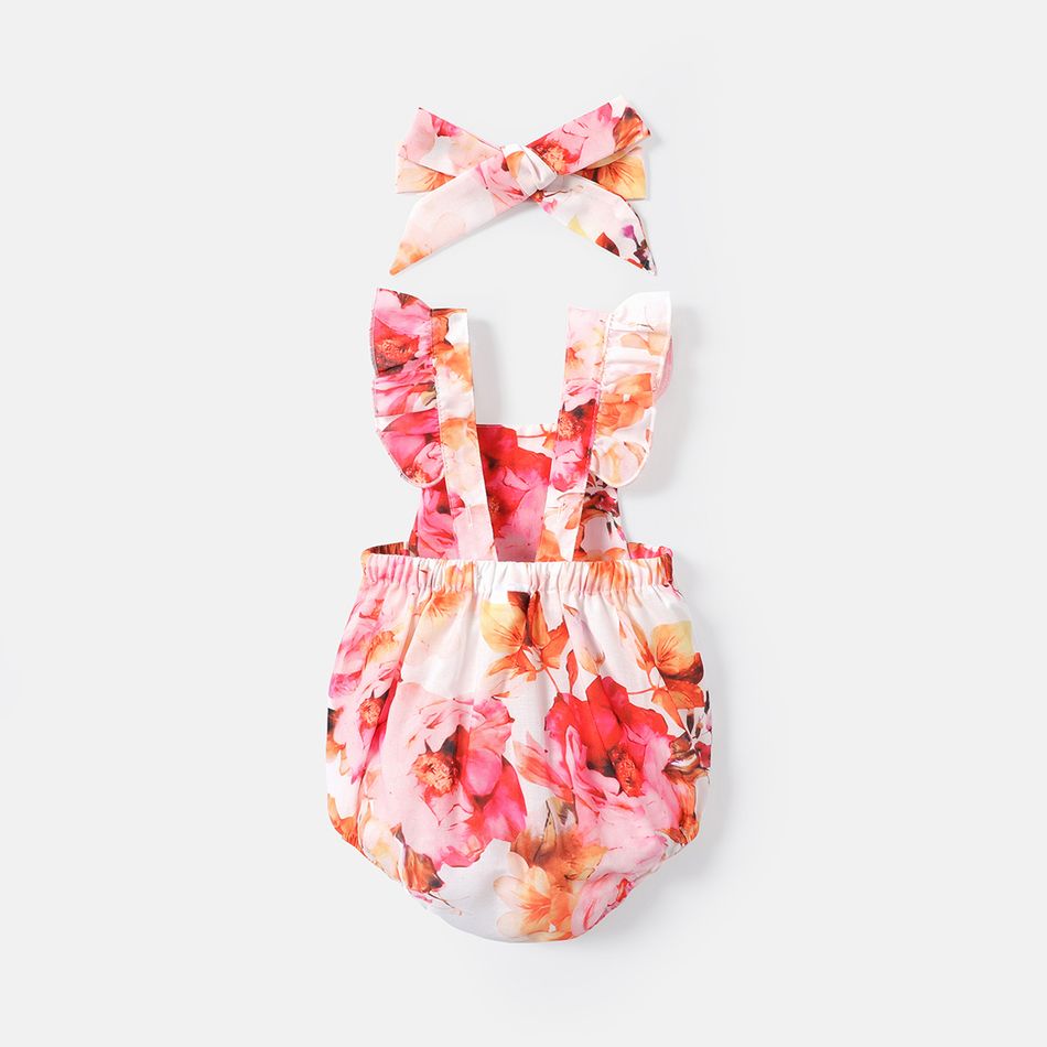 2pcs Baby Girl Allover Floral Print Ruffle Trim Sleeveless Romper & Headband Set Colorful big image 2