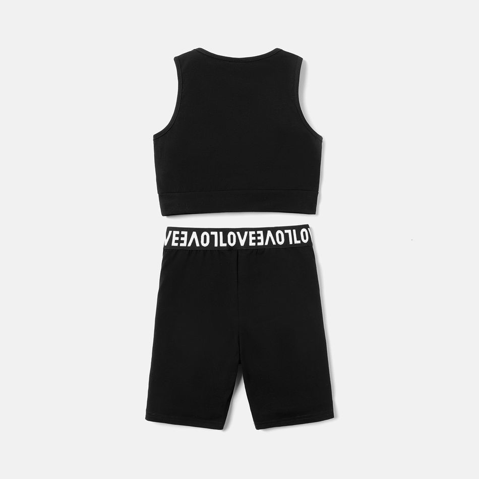 2pcs Kid Girl Solid Color Cotton Tank Tops and Webbing Design Shorts Set Black big image 2