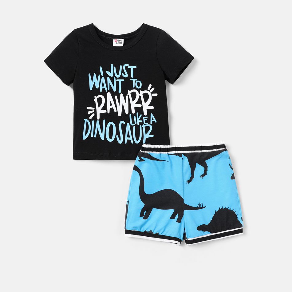 2pcs Baby Boy Cotton Short-sleeve Letter Graphic Tee and Allover Dinosaur Print Naia™ Shorts Set Blue big image 3