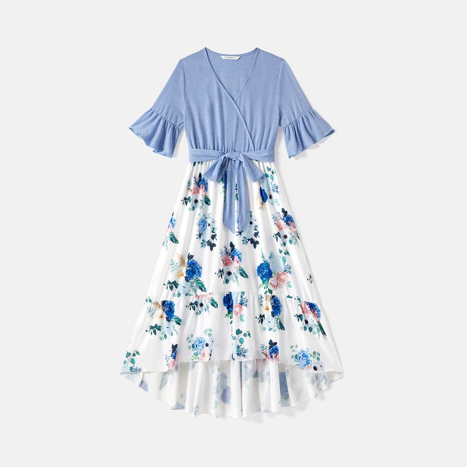 Family Matching Solid Surplice Neck Ruffle-sleeve Spliced Floral Print High Low Hem Dresses and Short-sleeve Striped Colorblock T-shirts Sets ColorBlock big image 4
