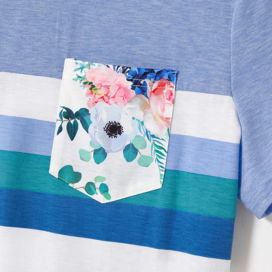 Family Matching Solid Surplice Neck Ruffle-sleeve Spliced Floral Print High Low Hem Dresses and Short-sleeve Striped Colorblock T-shirts Sets ColorBlock big image 7