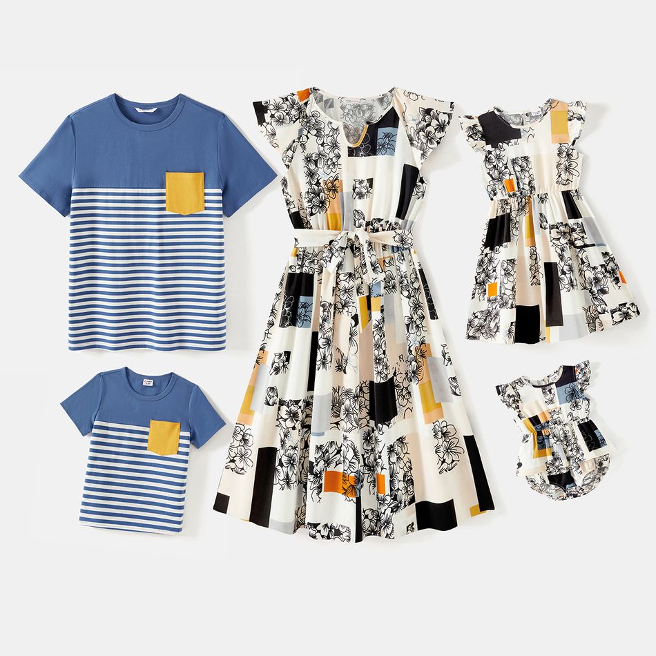 Family Matching Cotton Short-sleeve Striped Spliced T-shirts and Allover Plaid Floral Print Flutter-sleeve Dresses Sets Colorful big image 1