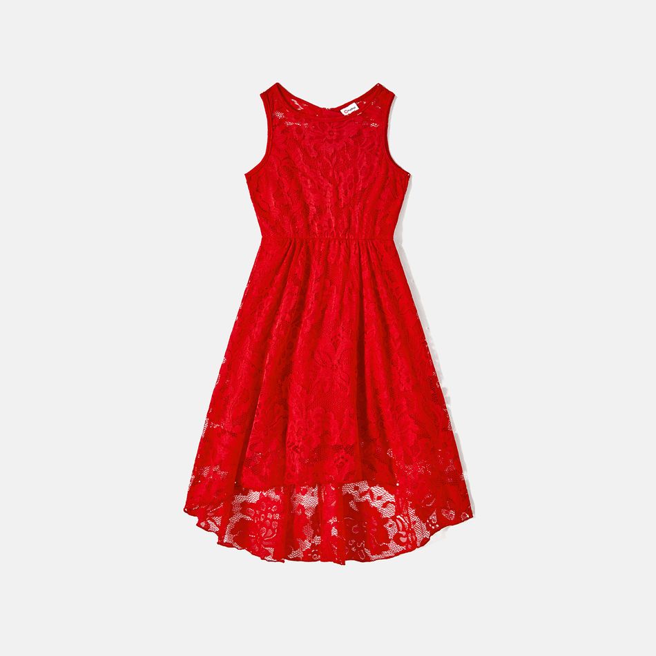 Valentine's Day Family Matching Red Lace High Low Hem Tank Dresses and Striped Shirts Sets Red big image 5