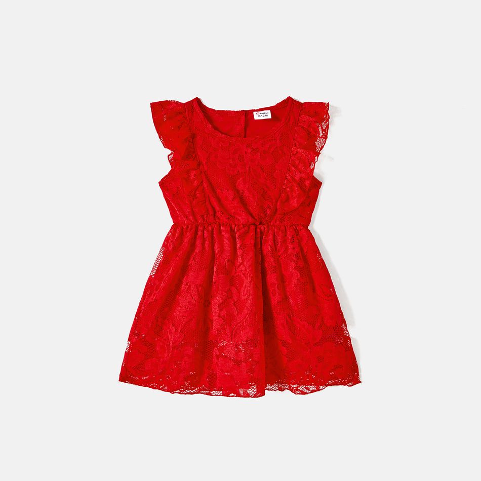 Valentine's Day Family Matching Red Lace High Low Hem Tank Dresses and Striped Shirts Sets Red big image 6