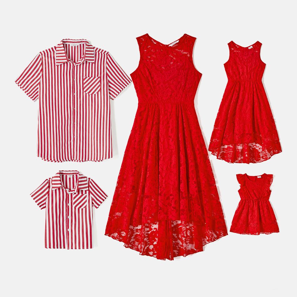 Valentine's Day Family Matching Red Lace High Low Hem Tank Dresses and Striped Shirts Sets Red