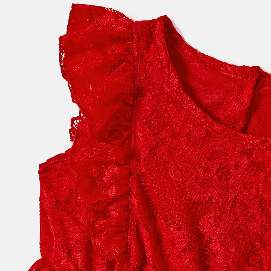Valentine's Day Family Matching Red Lace High Low Hem Tank Dresses and Striped Shirts Sets Red big image 7