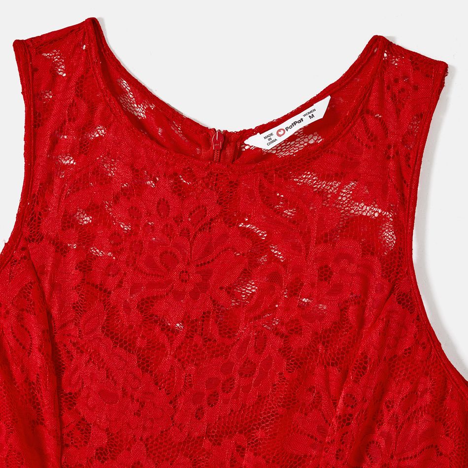 Valentine's Day Family Matching Red Lace High Low Hem Tank Dresses and Striped Shirts Sets Red big image 3