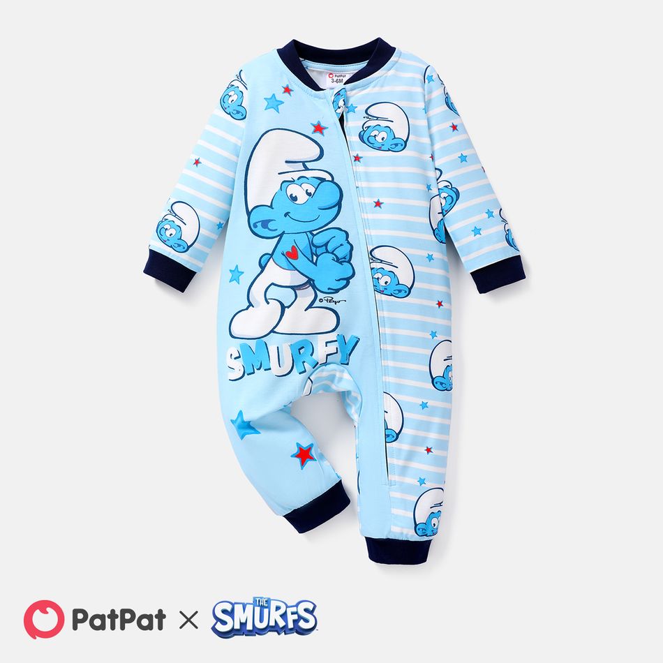 The Smurfs Baby Boy/Girl Allover Print Blue Striped Long-sleeve Zipper Naia™ Jumpsuit DeepSapphireBlue big image 1