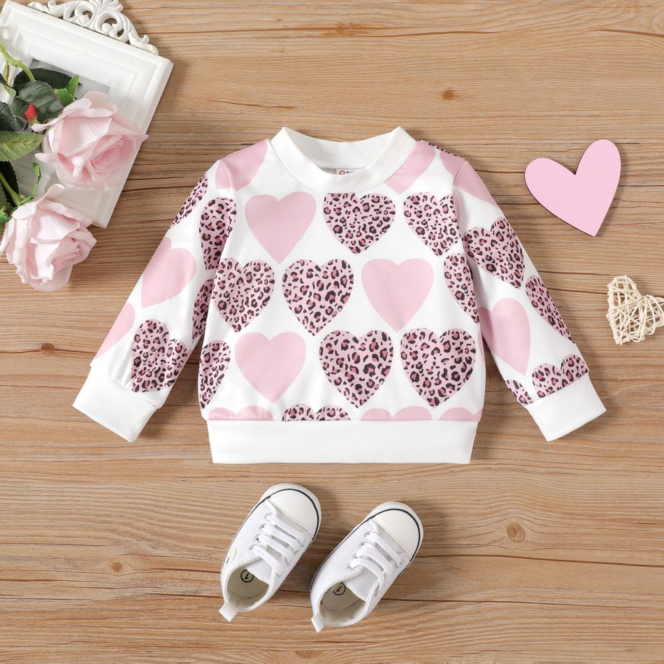 Baby Girl Allover Leopard Heart Print Long-sleeve Sweatshirt White