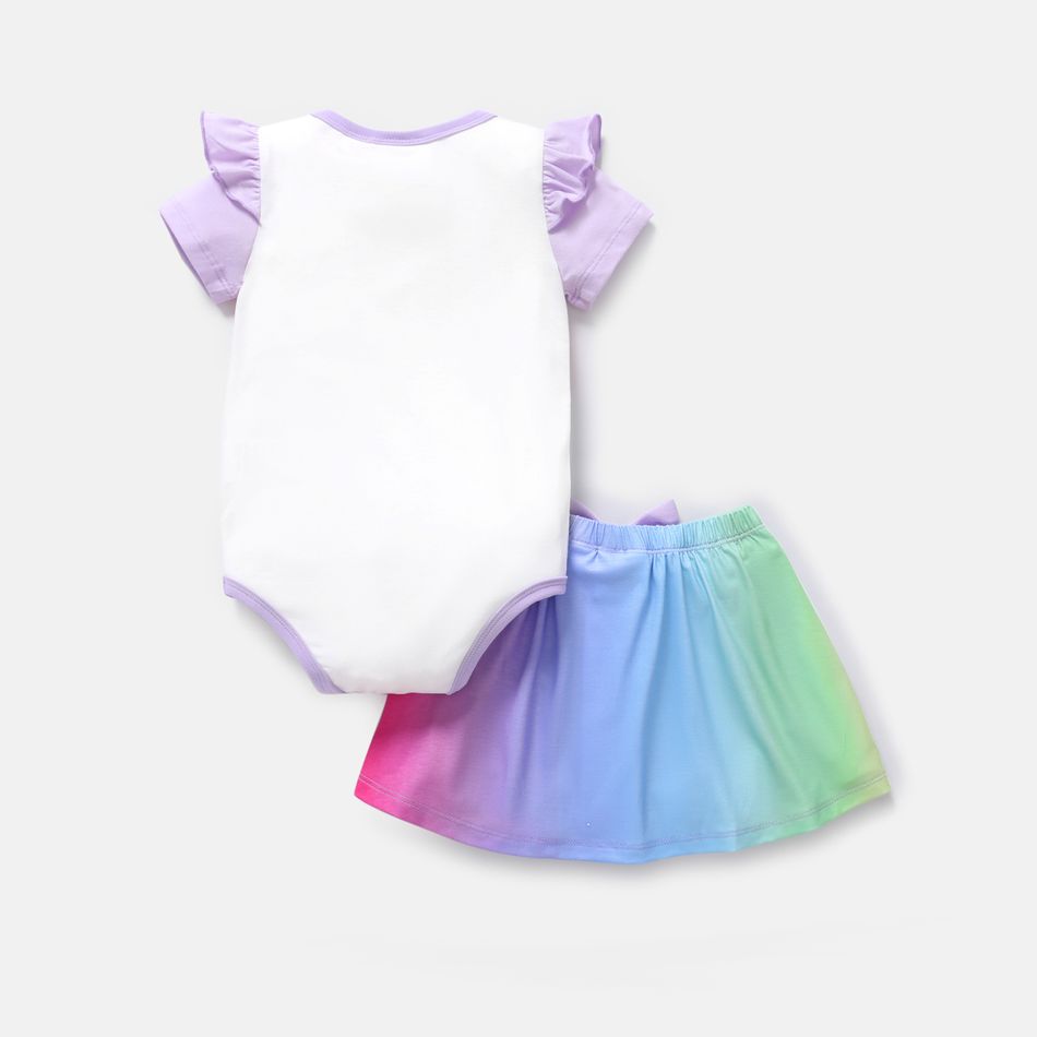 Care Bears 2pcs Baby Girl Bear Print Ruffle Short-sleeve Naia Romper and Rainbow Ombre Skirt Set Ombre big image 2