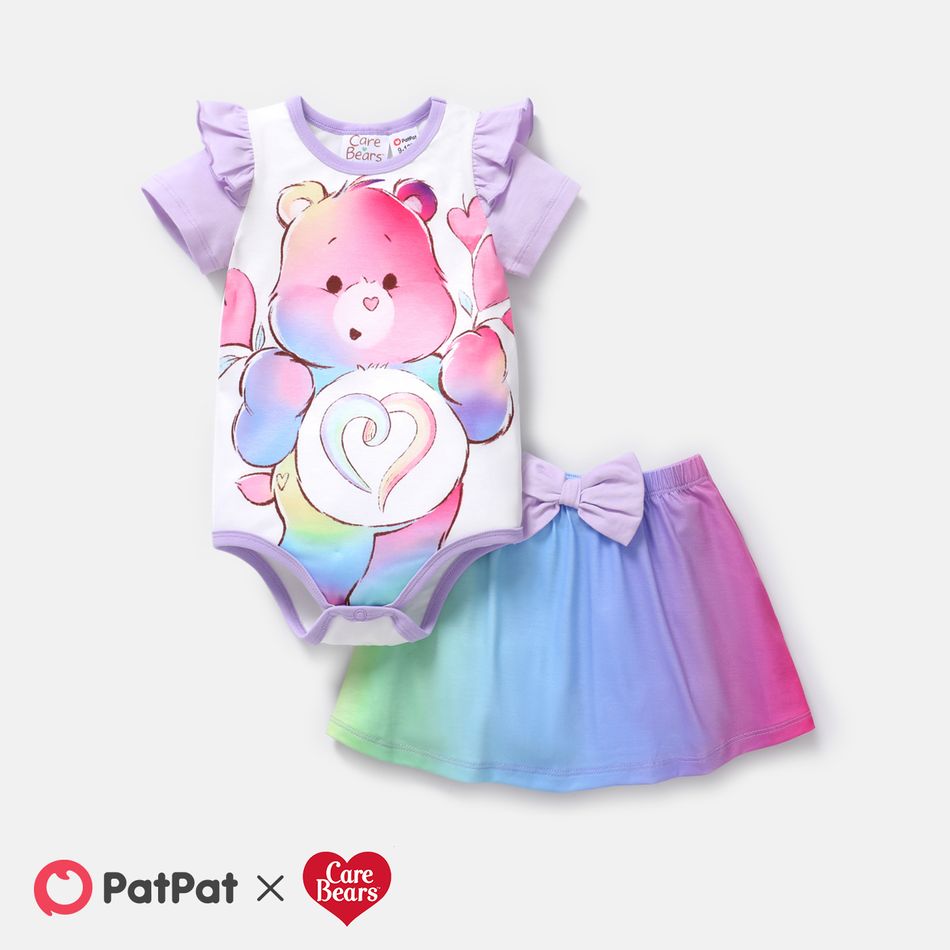 Care Bears 2pcs Baby Girl Bear Print Ruffle Short-sleeve Naia Romper and Rainbow Ombre Skirt Set Ombre