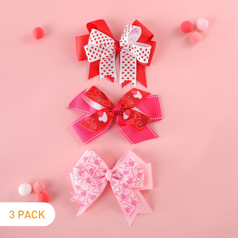 3-pack Valentine's Day Heart Print Bow Decor Hair Clips for Girls (Random Printing Position) Multi-color