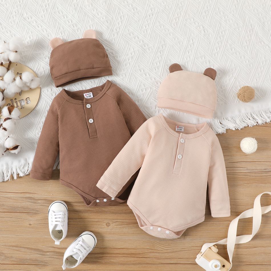 2pcs Baby Boy/Girl Solid Waffle Textured Long-sleeve Romper and 3D Ear Hat Set Almond Beige big image 6