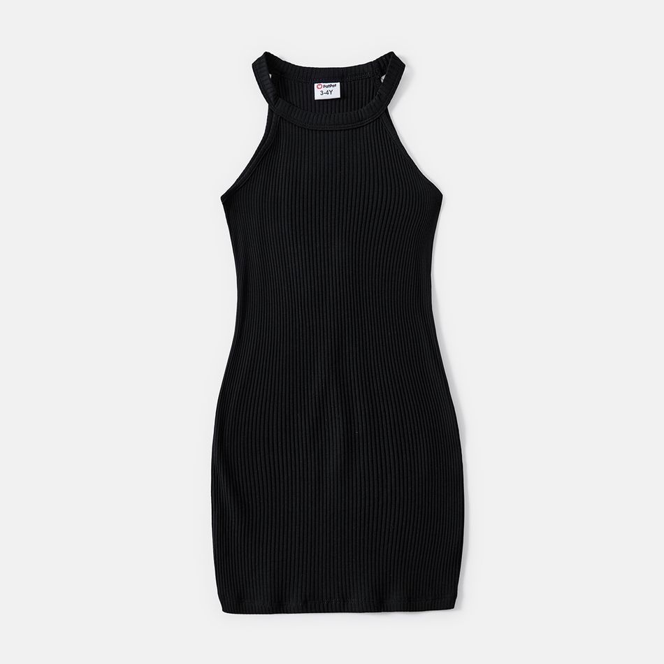 Mommy and Me Black Cotton Ribbed Halter Bodycon Dresses Black big image 5