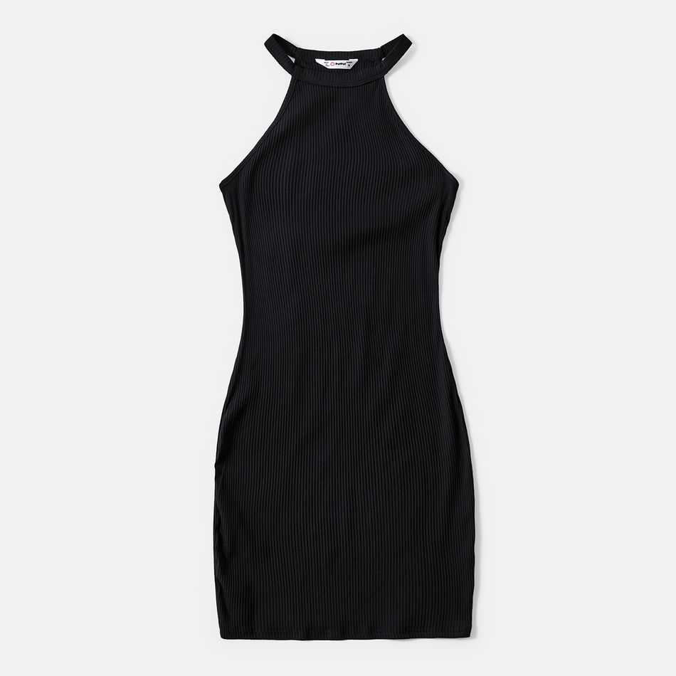 Mommy and Me Black Cotton Ribbed Halter Bodycon Dresses Black big image 2