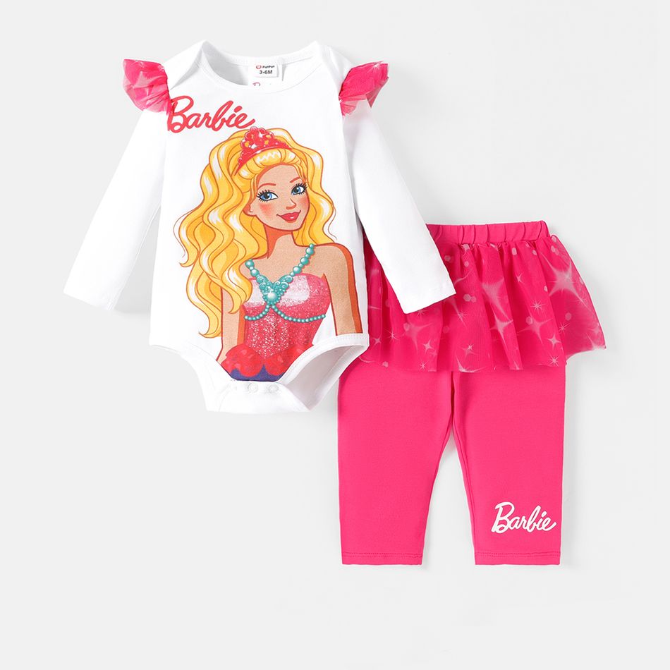 Barbie 2pcs Baby Girl Cotton Ruffle Long-sleeve Graphic Print Romper and Skirted Pants Set rediance big image 3