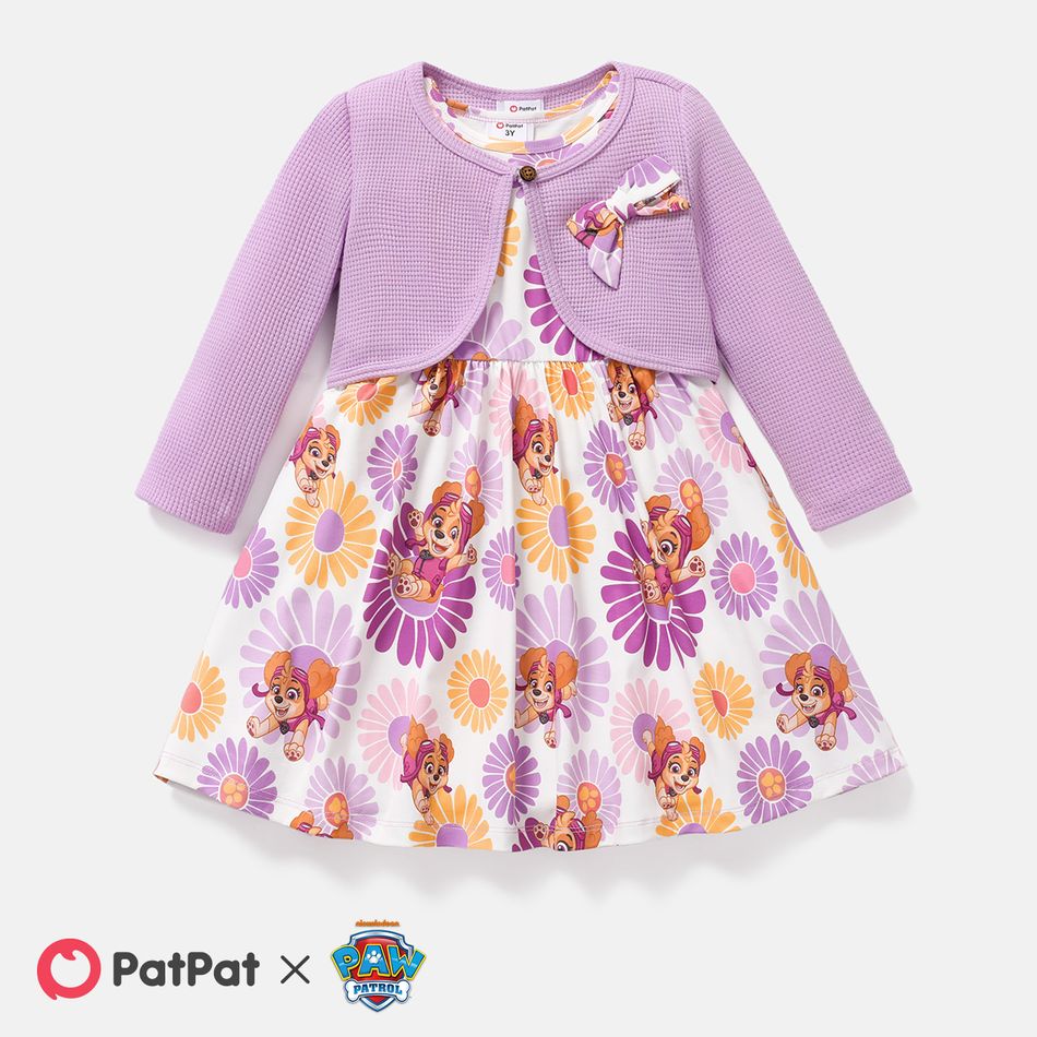 PAW Patrol 2pcs Toddler Girl Naia Floral Print Sleeveless Dress and Bowknot Design Cotton Cardigan Set Purple big image 2