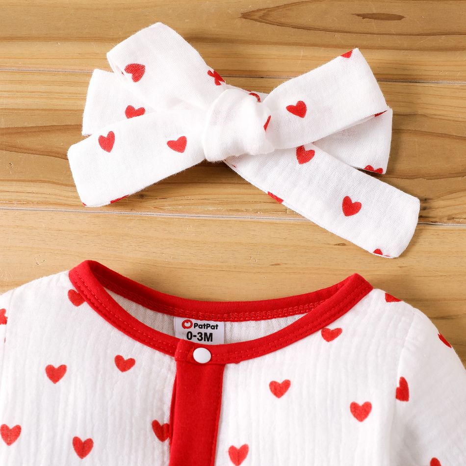 2pcs Baby Boy/Girl 100% Cotton Crepe Long-sleeve Allover Heart Print Jumpsuit Red big image 3