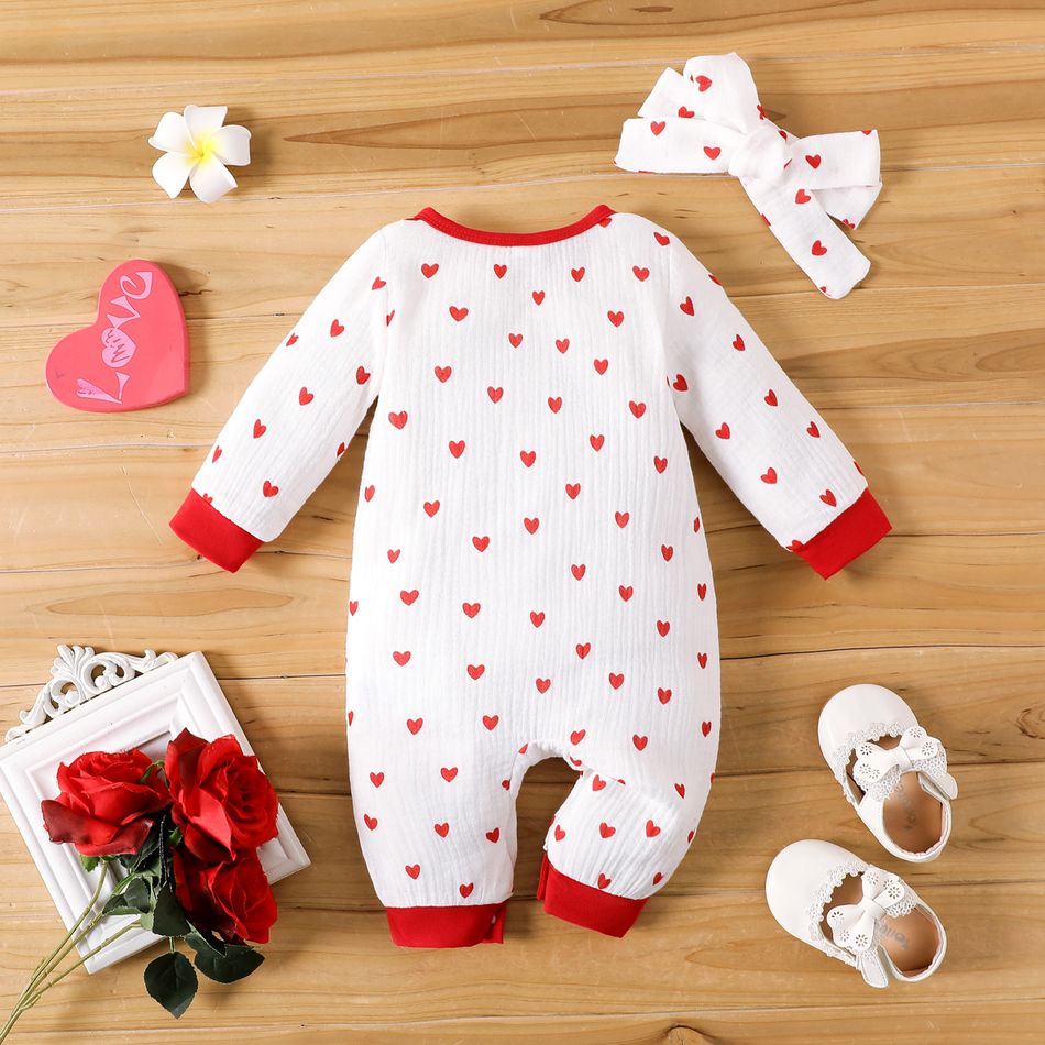 2pcs Baby Boy/Girl 100% Cotton Crepe Long-sleeve Allover Heart Print Jumpsuit Red big image 2