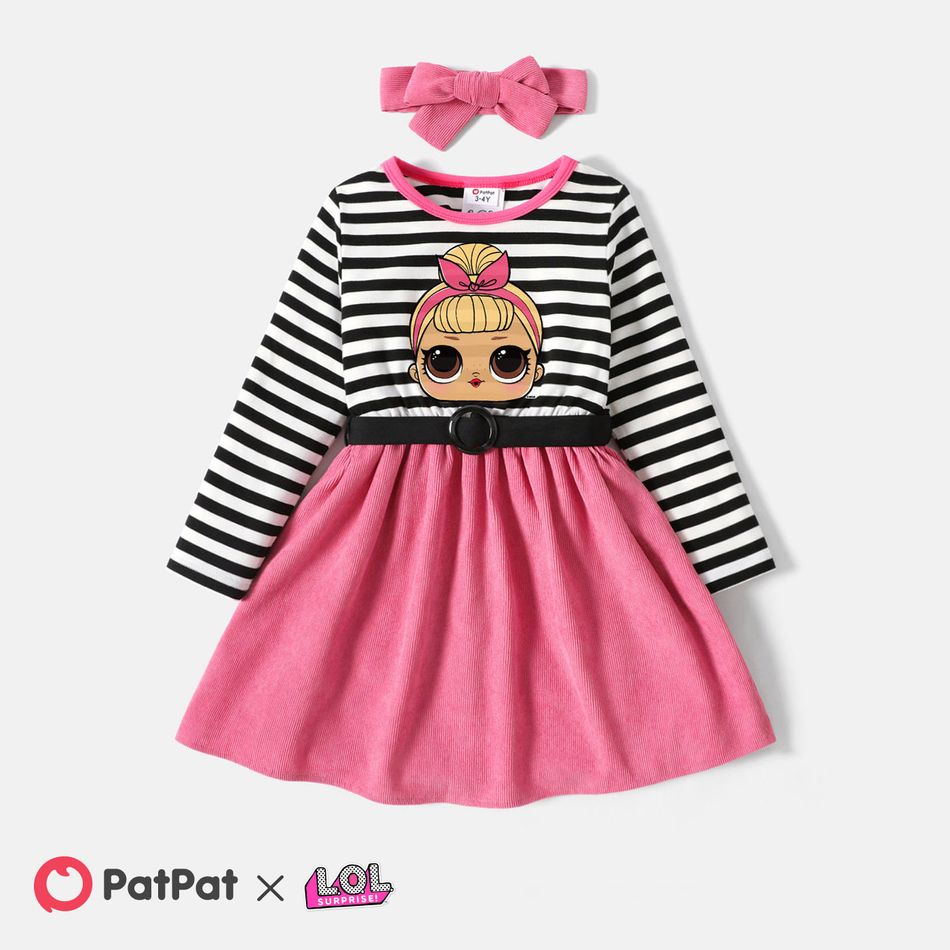 L.O.L. SURPRISE! Toddler Girl Faux-two Stripe Splice Belted Long-sleeve Dress Pink