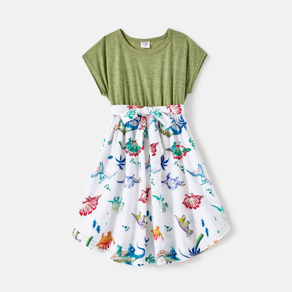 Family Matching Allover Dinosaur Print Belted Spliced Dresses and Short-sleeve T-shirts Sets Colorful big image 7