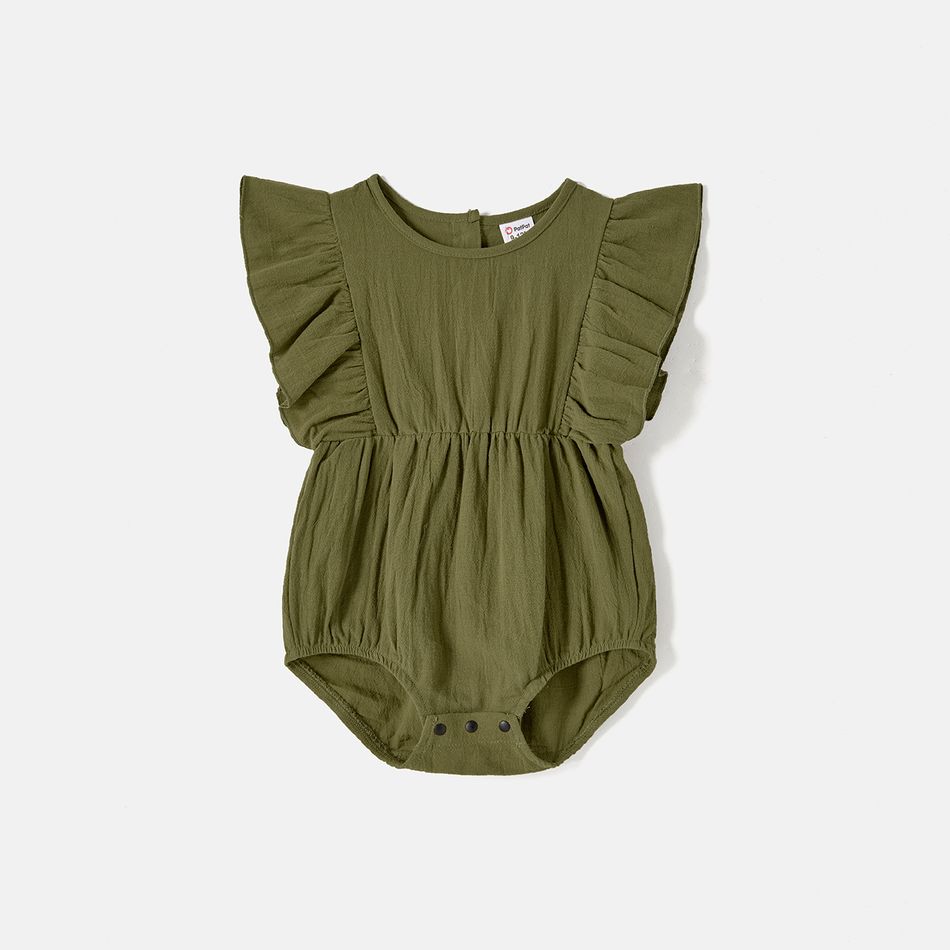 Mommy and Me 100% Cotton Solid Short-sleeve Belted Rompers Army green big image 7