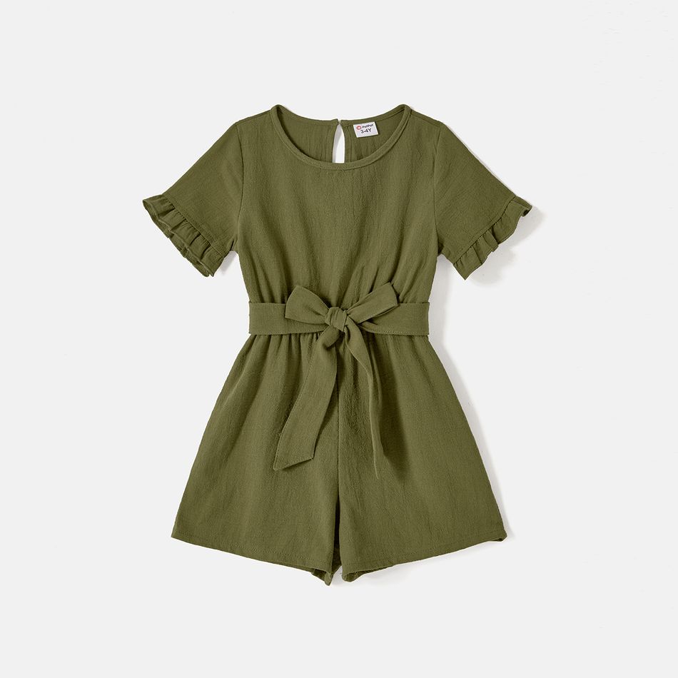 Mommy and Me 100% Cotton Solid Short-sleeve Belted Rompers Army green big image 3