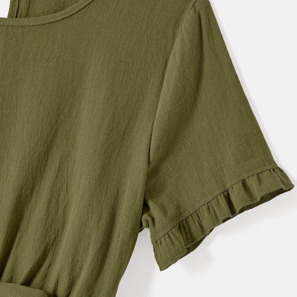 Mommy and Me 100% Cotton Solid Short-sleeve Belted Rompers Army green big image 5