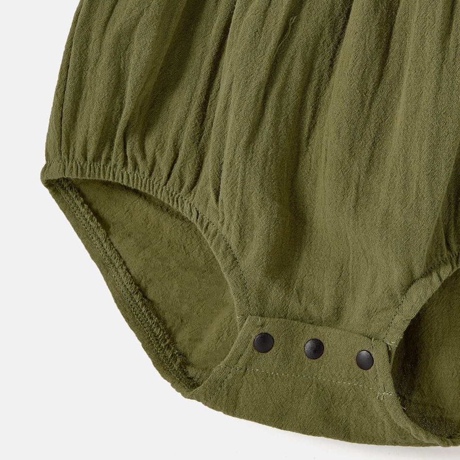 Mommy and Me 100% Cotton Solid Short-sleeve Belted Rompers Army green big image 9